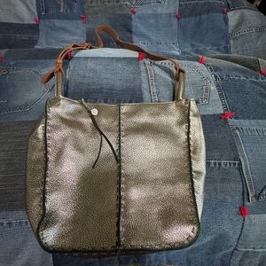 The Sak Metallic Silver Shoulder Bag with Brown Strap